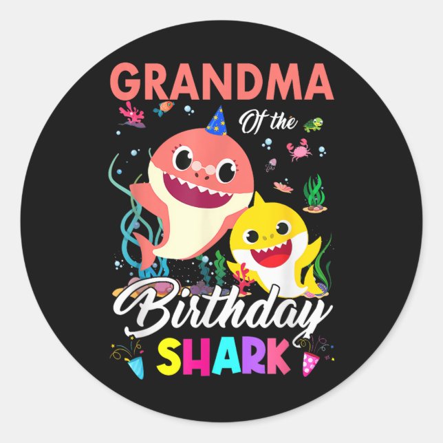 Cute Grandma Of The Birthday Family Shark Boy Girl Classic Round Sticker (Front)
