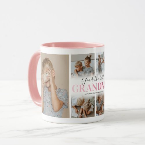 Cute Grandma Photo Collage Mug - Modern grandmother coffee mug featuring a 6 photo collage template, the word "your the best grandma" in a cute pink gradient font, and the grandkids names.