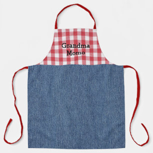 Cute Grandma Red White Check Blue Denim Print Apron