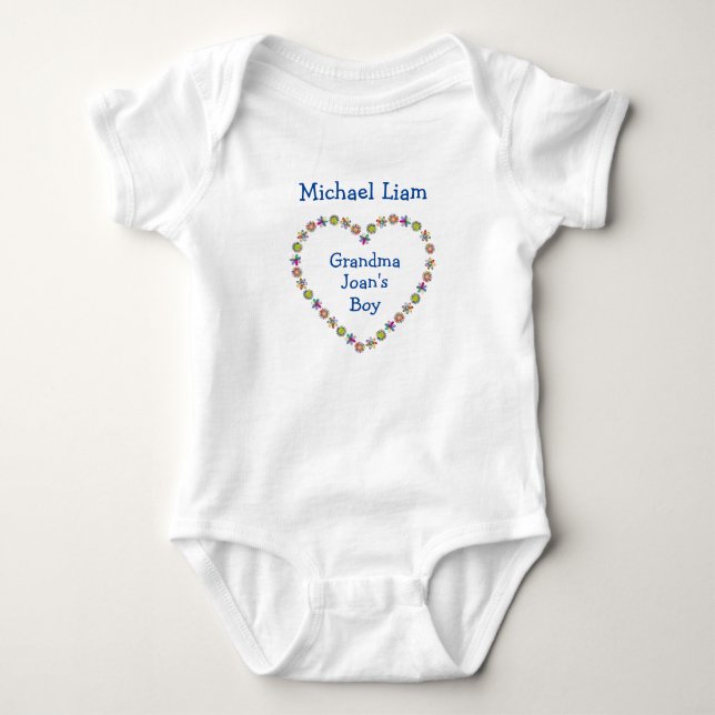 Cute Grandma's Boy Flower Heart Personalize Names Baby Bodysuit (Front)
