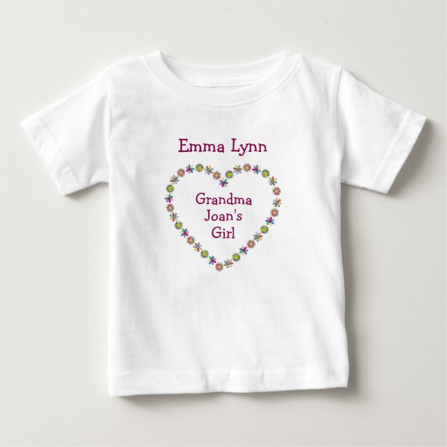 Cute Grandma's Girl Flower Heart Personalize Names Baby T-Shirt (Front)