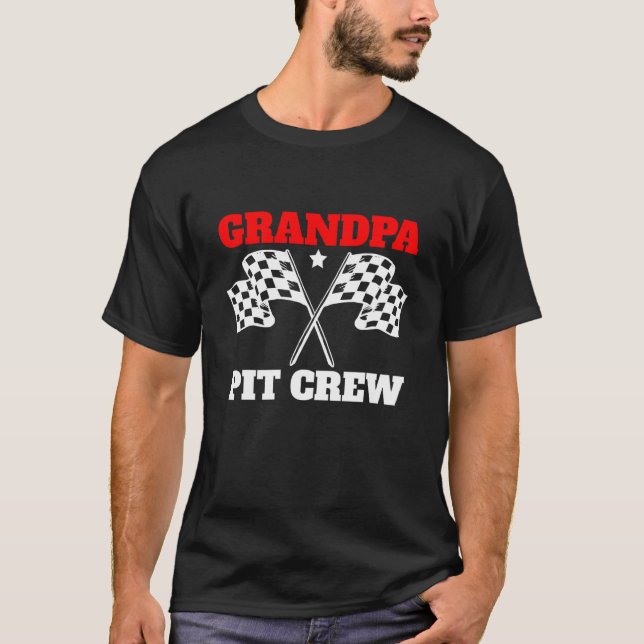 Cute Grandpa Pit Crew Checkered Flags Birthday Rac T-Shirt (Front)