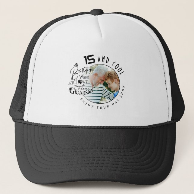 Cute Grandson Custom Photo Birthday Trucker Hat (Front)