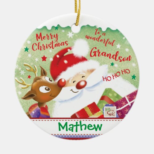 Cute Grandson Santa Deer  Presents Christmas Ceramic Ornament