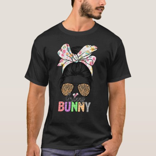 Cute Granny Bunny Leopard Messy Bun Happy Easter D T_Shirt