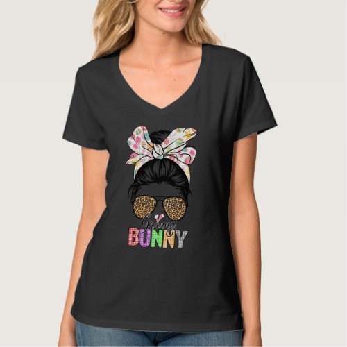 Cute Granny Bunny Leopard Messy Bun Happy Easter D T_Shirt