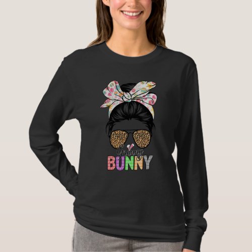 Cute Granny Bunny Leopard Messy Bun Happy Easter D T_Shirt