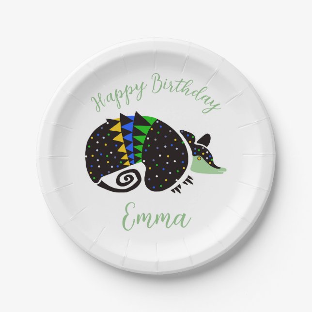 Cute graphic  ARMADILLO - Happy Birthday - Party Paper Plates (Front)