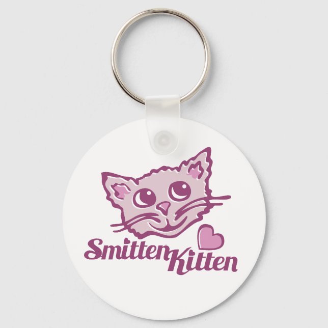 Cute graphic cat pink smitten kitten keychain (Front)