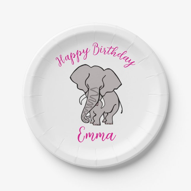 Cute graphic ELEPHANT -Happy Birthday -  Paper Plates (Front)