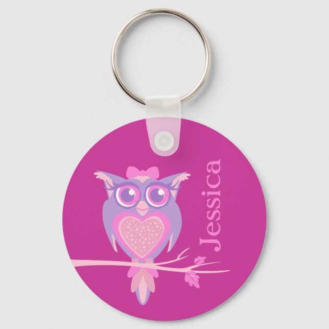 Cute graphic owl girls pink name keychain (Front)