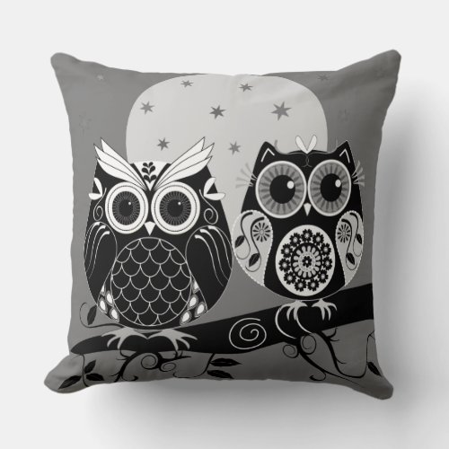 Cute graphic owls couple on a branche throw pillow