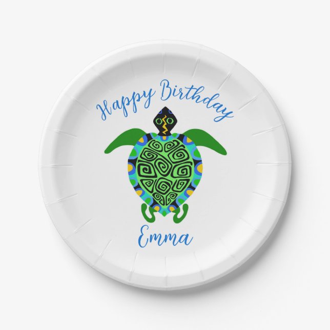 Cute graphic Sea TURTLE  - Happy Birthday - Party Paper Plates (Front)