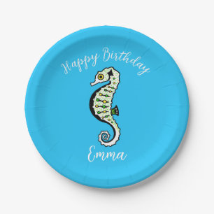 Cute graphic SEAHORSE  -Happy Birthday - Party Paper Plates