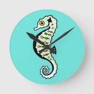 Cute graphic -SEAHORSE - marine animals -Aqua Round Clock