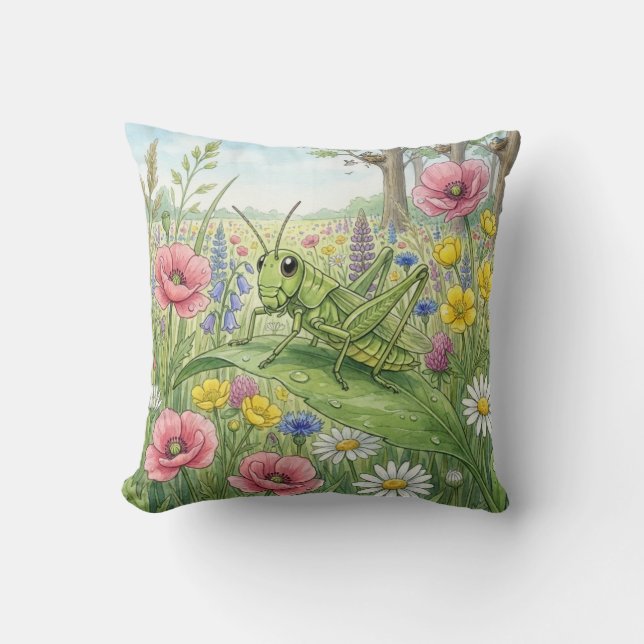 Cute Grasshopper And Flowers Tiny Insects  Throw Pillow (Front)