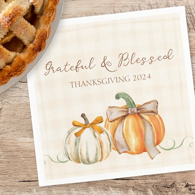Cute Grateful & Blessed Pumpkin Bows Thanksgiving Napkins (Creator Uploaded)