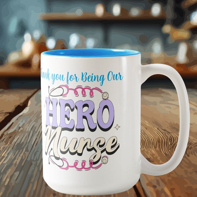Cute Gratitude Nurse Blues Typography PERSONALIZE Two-Tone Coffee Mug (Customize the Top Line of text for your personalize needs.)
