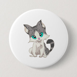 CUTE GRAY AND BEIGE LITTLE KITTEN WITH BLUE EYES BUTTON