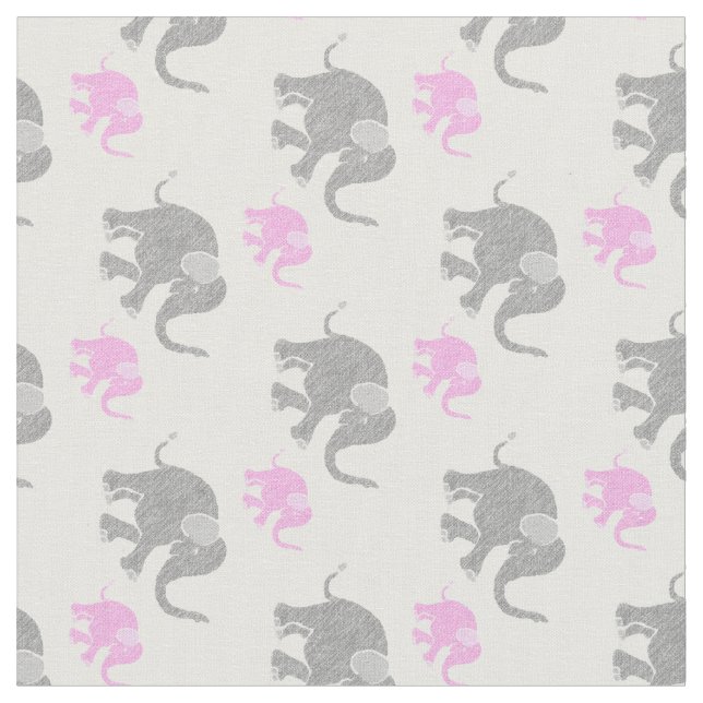 Cute Gray and Pink Baby Elephants Pattern Fabric (Close Up)