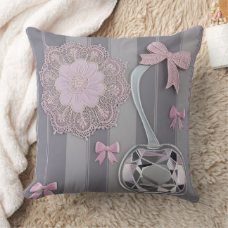 Cute Gray and Pink Coquette Bow Lace Doily Throw Pillow