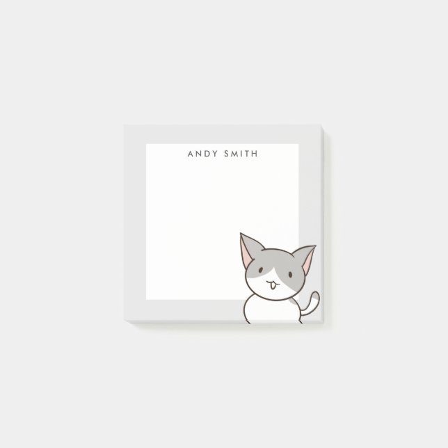 Cute Gray and White Cat Personalized Post-it Notes (Front)