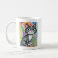 Cute Gray and White Cat with Drippy Paint Colors Coffee Mug