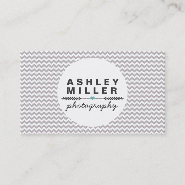 Cute Gray And White Chevron Aqua Heart Dividers Business Card (Front)