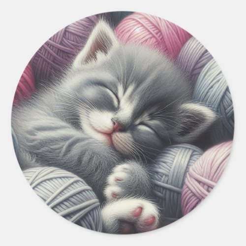 Cute Gray and White Kitten Napping in Yarn Classic Round Sticker