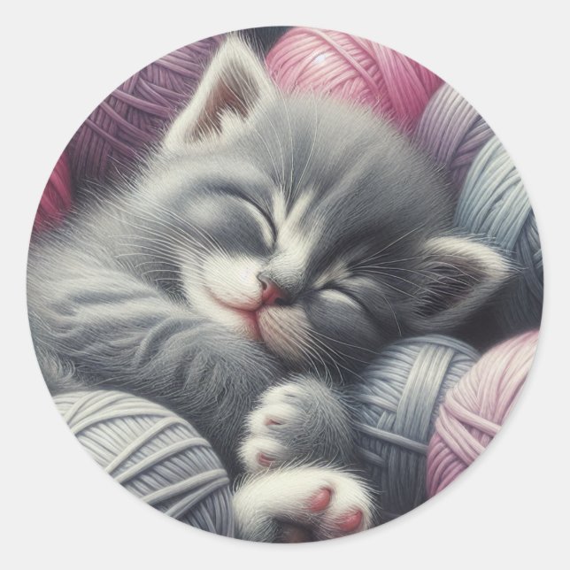 Cute Gray and White Kitten Napping in Yarn Classic Round Sticker (Front)
