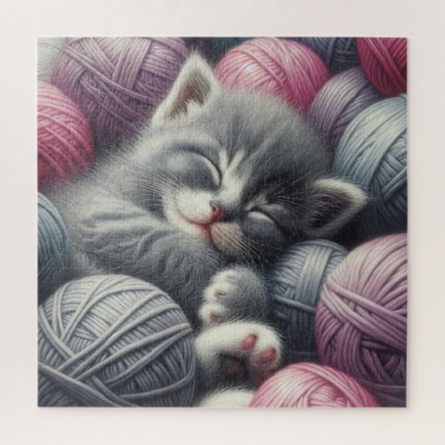Cute Gray and White Kitten Napping in Yarn Jigsaw Puzzle