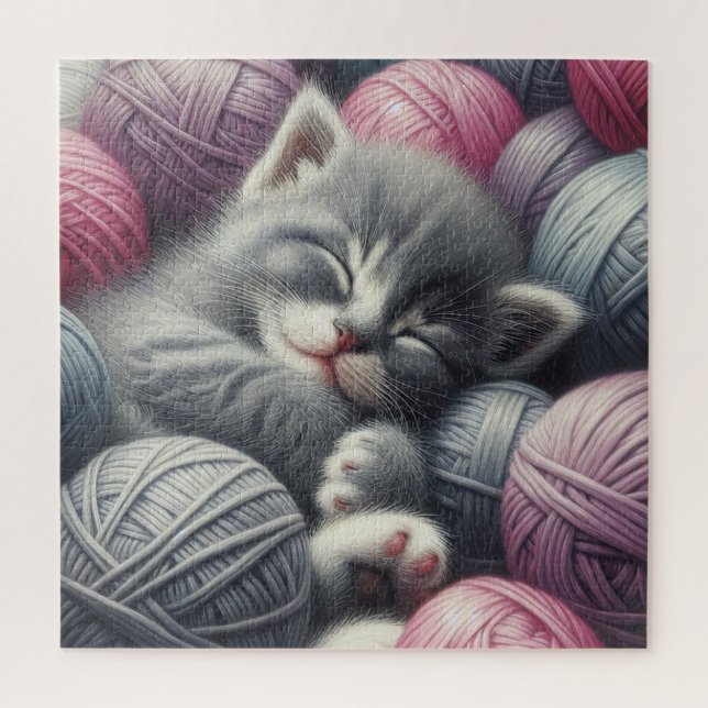 Cute Gray and White Kitten Napping in Yarn Jigsaw Puzzle (Vertical)