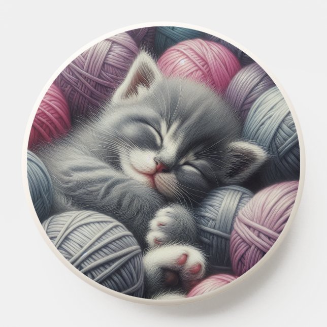 Cute Gray and White Kitten Napping in Yarn PopSocket (Popsocket)