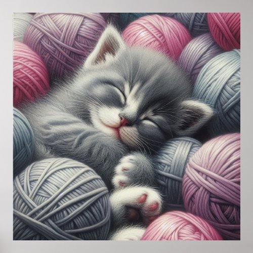 Cute Gray and White Kitten Napping in Yarn Poster