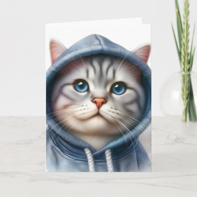 Cute Gray and White Tabby Cat Blue Eyes Hoodie  Card (Front)