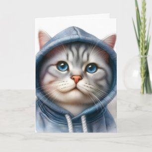 Cute Gray and White Tabby Cat Blue Eyes Hoodie Card