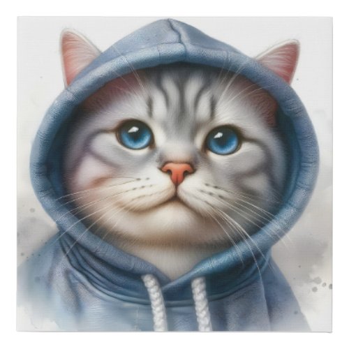 Cute Gray and White Tabby Cat Blue Eyes Hoodie  Faux Canvas Print