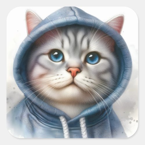 Cute Gray and White Tabby Cat Blue Eyes Hoodie  Square Sticker