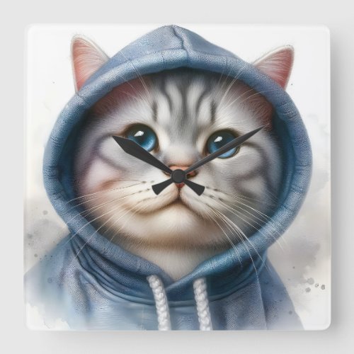Cute Gray and White Tabby Cat Blue Eyes Hoodie  Square Wall Clock