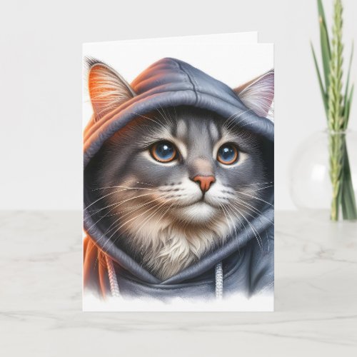 Cute Gray and White Tabby Cat Golden Eyes Hoodie  Card