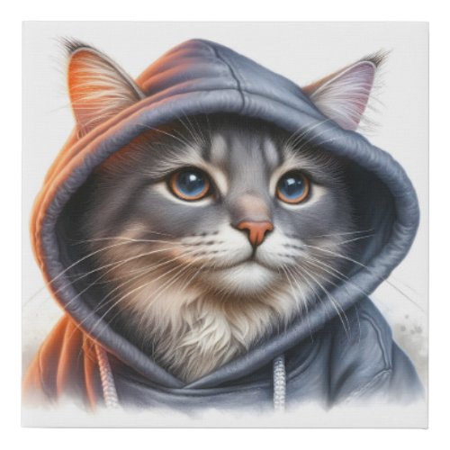 Cute Gray and White Tabby Cat Golden Eyes Hoodie  Faux Canvas Print