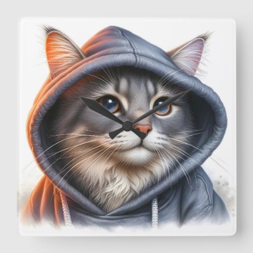 Cute Gray and White Tabby Cat Golden Eyes Hoodie  Square Wall Clock