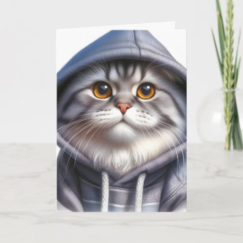 Cute Gray and White Tabby Cat Wearing a Hoodie  Card