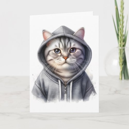 Cute Gray and White Tabby Cat Wearing a Hoodie Card