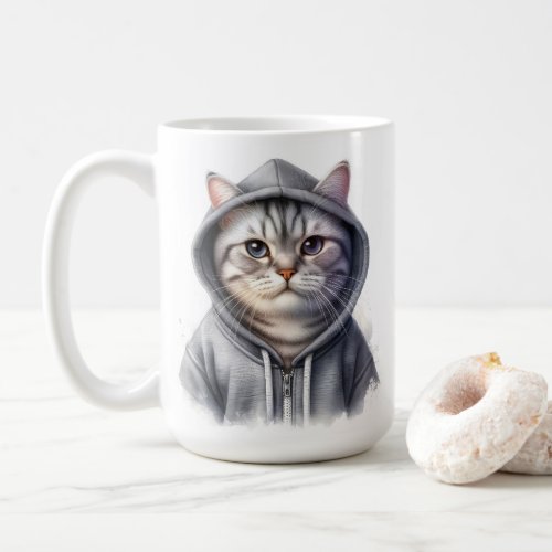 Cute Gray and White Tabby Cat Wearing a Hoodie Coffee Mug