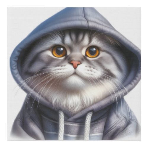 Cute Gray and White Tabby Cat Wearing a Hoodie  Faux Canvas Print