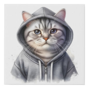 Cute Gray and White Tabby Cat Wearing a Hoodie Faux Canvas Print
