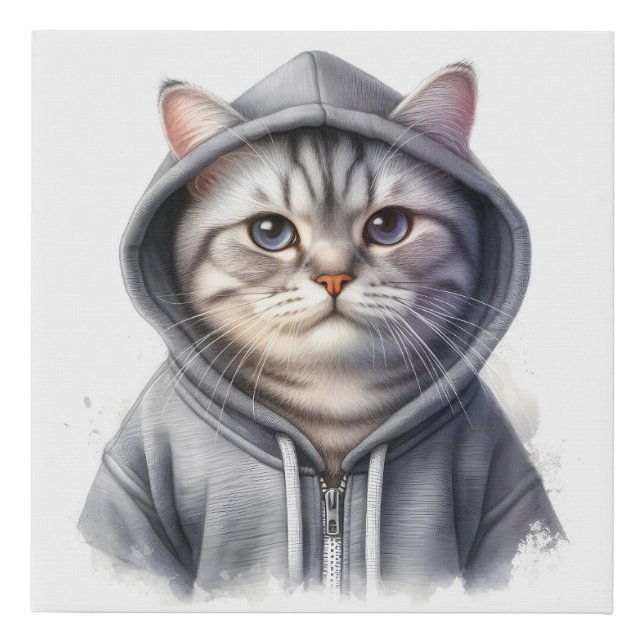 Cute Gray and White Tabby Cat Wearing a Hoodie Faux Canvas Print (Front)