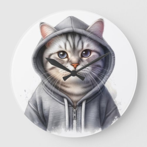Cute Gray and White Tabby Cat Wearing a Hoodie Large Clock