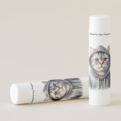 Cute Gray and White Tabby Cat Wearing a Hoodie Lip Balm
